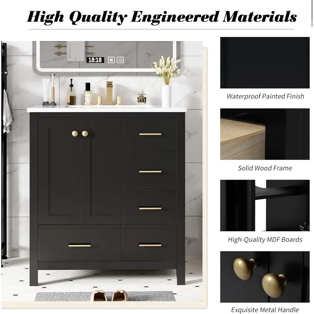 30" Bathroom Vanity , Modern Bathroom Sink Cabinet with 2 Doors and 4 Drawers,  with Undermount Resin Sink, Black 5