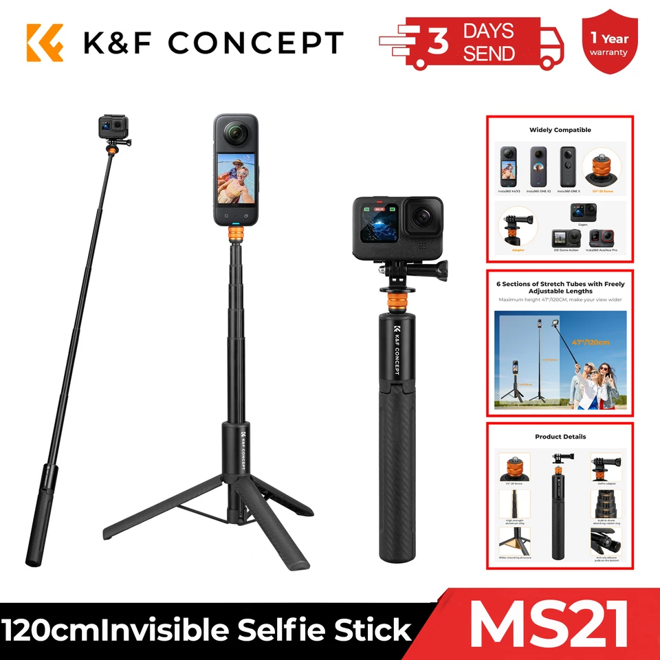 K&F Concept Perche Selfie 180CM Trépied De Suivi AI 360°, Déploiement Automatique Et Repliage Rapide, 2 Anneau Lumineux, Contrôle Par Gestes, Télécommande Bluetooth, 7 En 1 Pour Vidéo/Vlog/Live