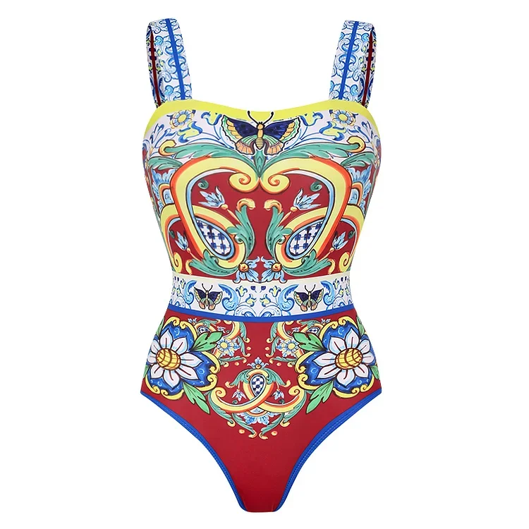 2024 Vintage Pattern Printed One Piece Swimsuit Swimwear Bikini Set Women Beachwear Clearance Wholesale