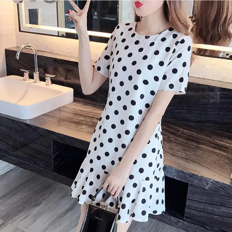 

Sweet O-Neck Printed Loose Ruffles Polka Dot Mini Dress Women's Clothing 2023 Summer New Oversized Office Lady Princess Dress