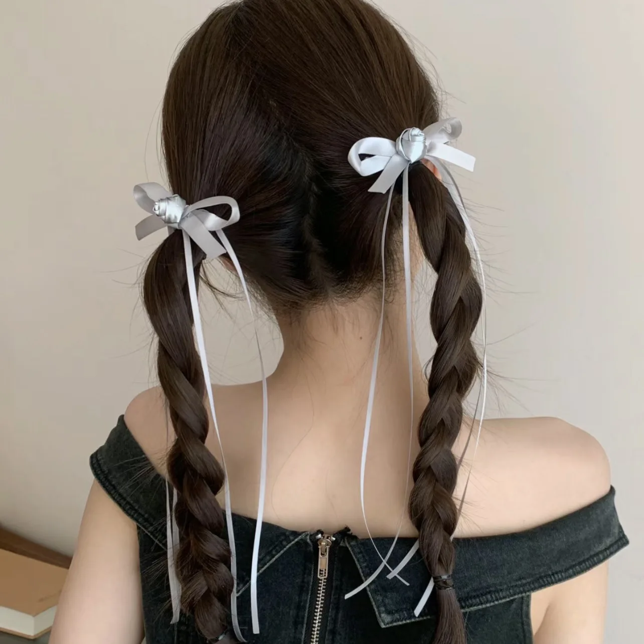 Haargummi für Damen, süßer Ballett-Stil, silberne Blumenschleife, Streamer-Haarspange, doppelte Pferdeschwanz-Kopfbedeckung, kleiner Clip, Haar-Accessoires – Detail 7