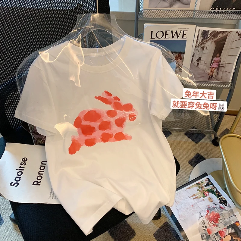 

Women's T-shirts Harajuku Girls Oversized Tops Cartoon Print O-neck Short Sleeves Loose Summer Tshirt Cute Streetwear White Tees