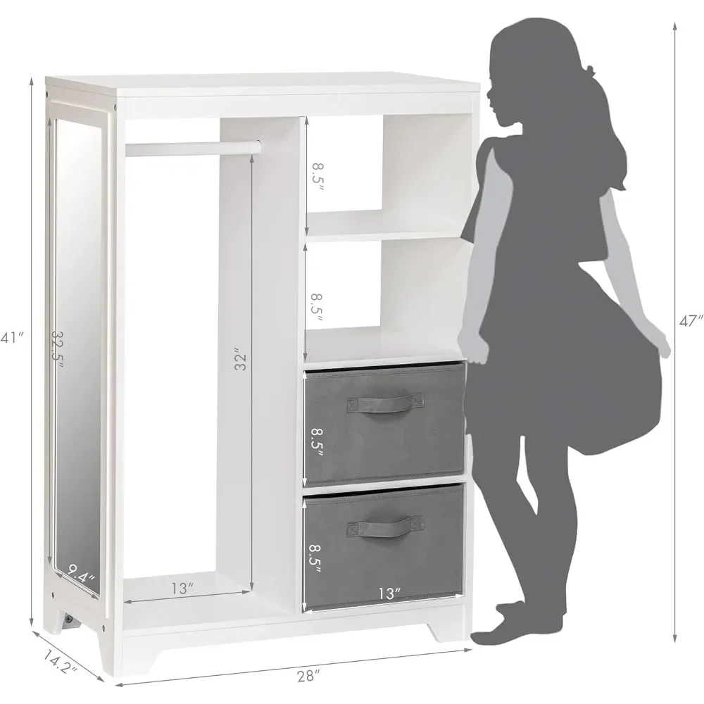 Children's Wardrobe with Long Mirror, Children's Wardrobe with 2 Storage Compartments, Hanging Clothing Wardrobe,