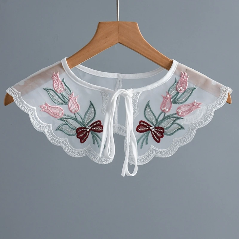 

Elegant Woman Shirt Detachable Collar Breathable Lace Shawl Adjustable Rope Sweet Style Sweater Embroidered False Collar