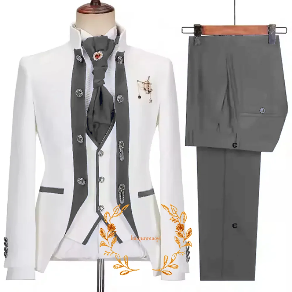 Elegant 3-piece Men's Suit White Jacquard Jacket Trousers and Vest Three-piece Set Formal Wedding Groom's Tuxedo 4