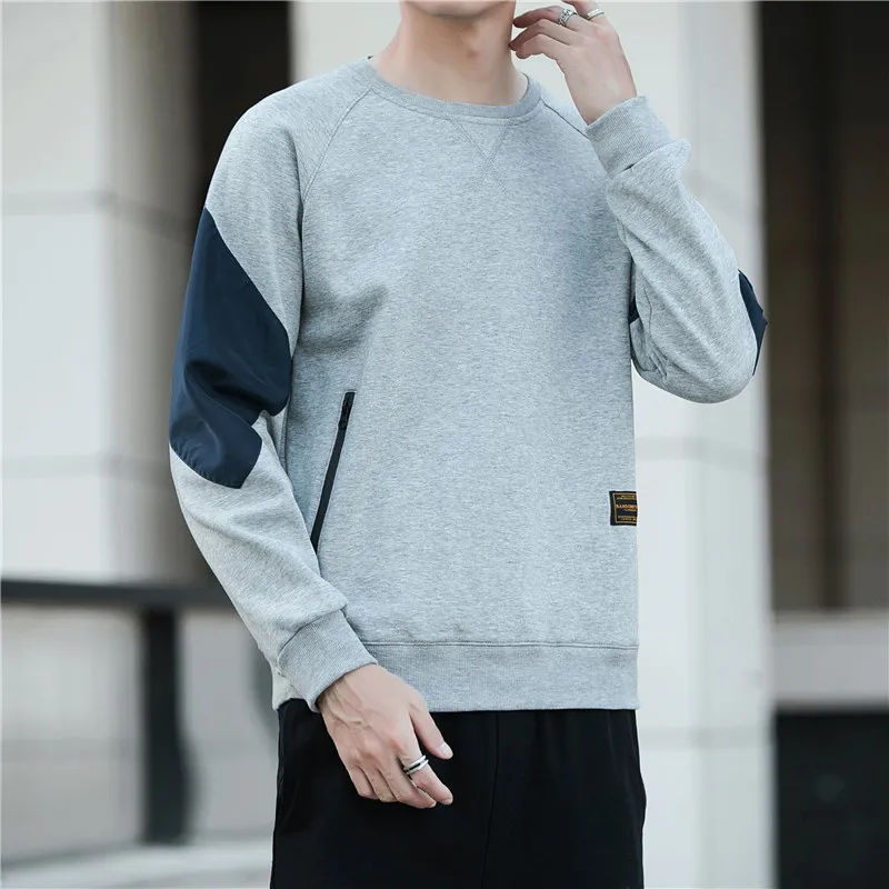 High quality cotton sweatshirts for men long sleeve patchwork pullover new spring autumn 2024 tending clothing - black grey