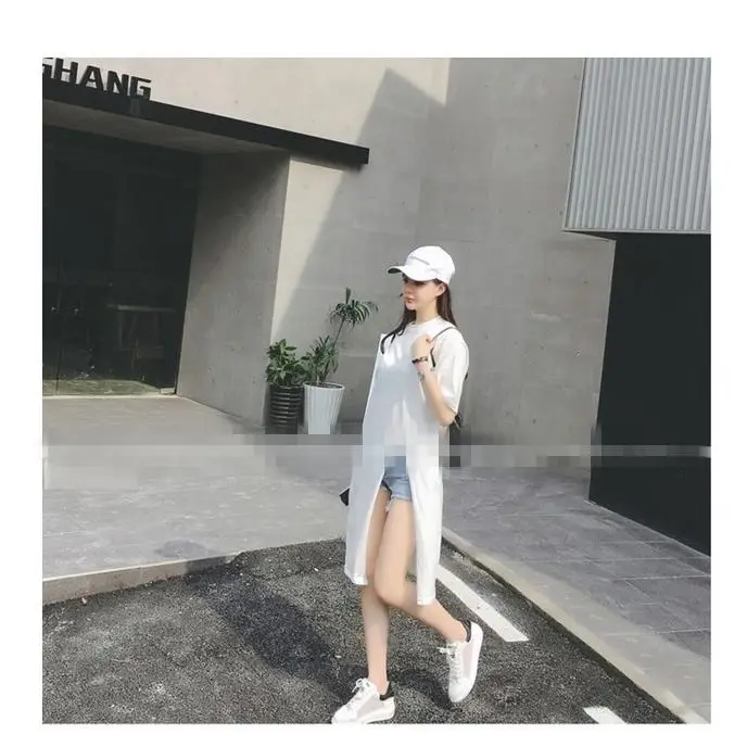 Women T-shirts 2023 Summer Short Sleeve O Neck Loose Tees Hem Slit Solid Color Chic Casual Streetwear Tops - 4