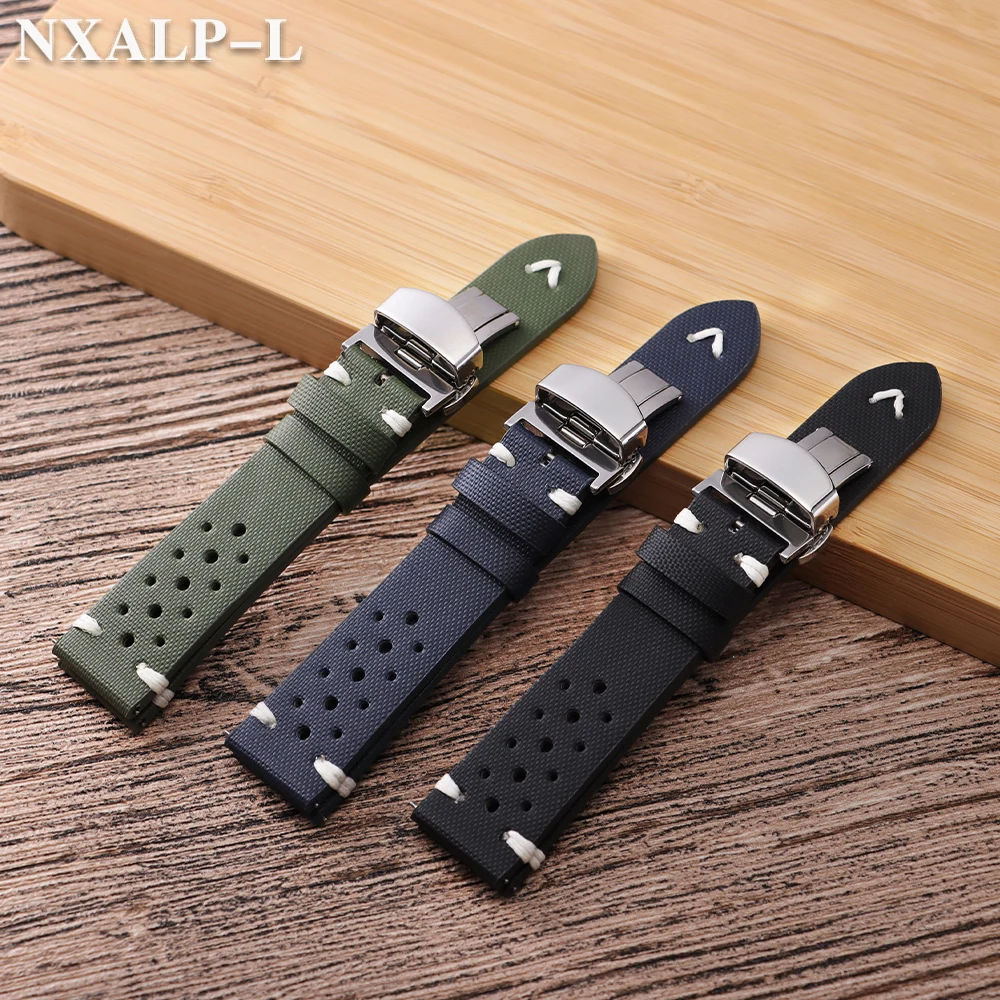 Breathable Sailcloth Leather Watch Band with Butterfly Buckle and Quick Release