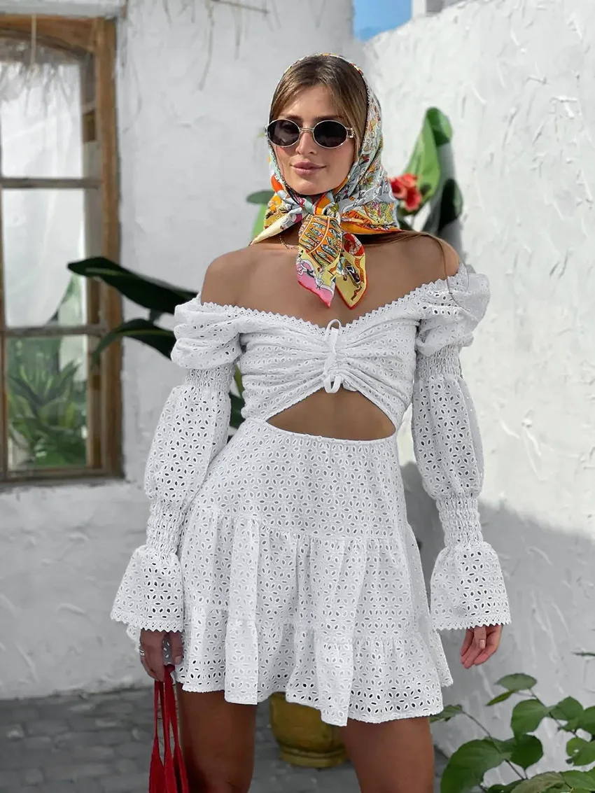 

White Lace Cotton Dress Women Summer Autumn Puff Sleeve Beach Dress Vestidos Cut Out Short Vestidos Hollow Out Sexy Sundress
