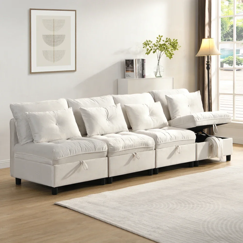 Modulares, trennbares 4-Sitzer-Sofa-Set – multifunktionales Schlafsofa, frei kombinierbar, Chenille-Bezug mit vollständiger Sitzkissen-Aufbewahrung – Detail 28