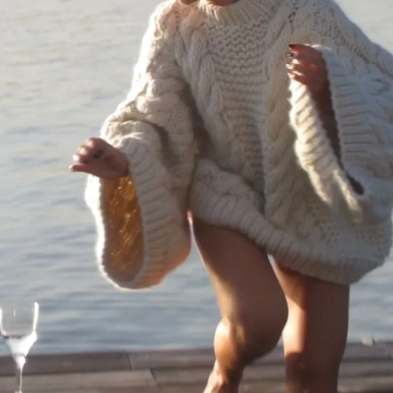 Knit Oversize High Neck Jumper Sweater Women Lazy Round Neck Ribbed Pullover Female Autumn Winter Thick Warm Lady Knitwear