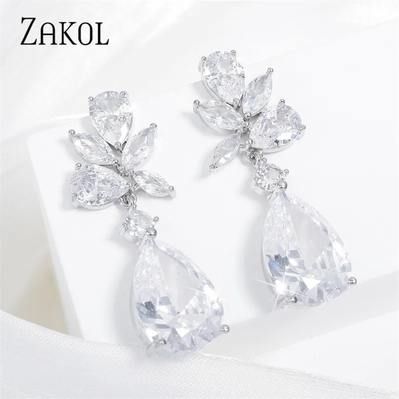 ZAKOL Wedding Earrings for Women Water Drop Cubic Zircon Dangle Earring Leaf Bridal Jewelry