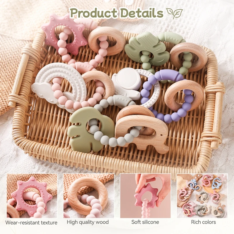 Silicone Teething Toys Baby BPA Free Bracelet Leaf Wooden Ring