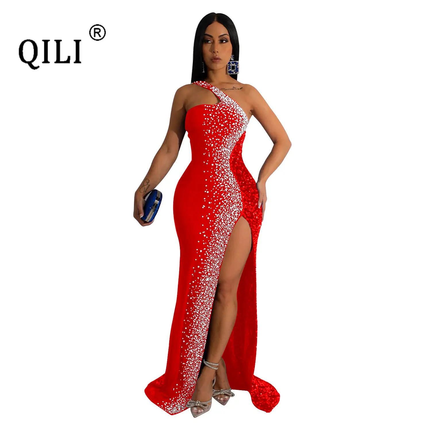 Lue's House One Shoulder Rhinestone and Sequins Sexy High Split Long Dress Elegant Party Dresses for Women's Robe Blue Black Red - Image 6