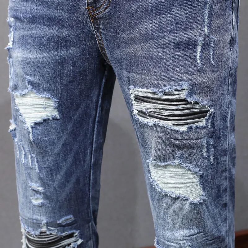 Street Fashion Men Jeans Retro Dark Blue Stretch Skinny Fit Ripped Jeans Men Leather Patched Brand Designer Hip Hop Pants Hombre