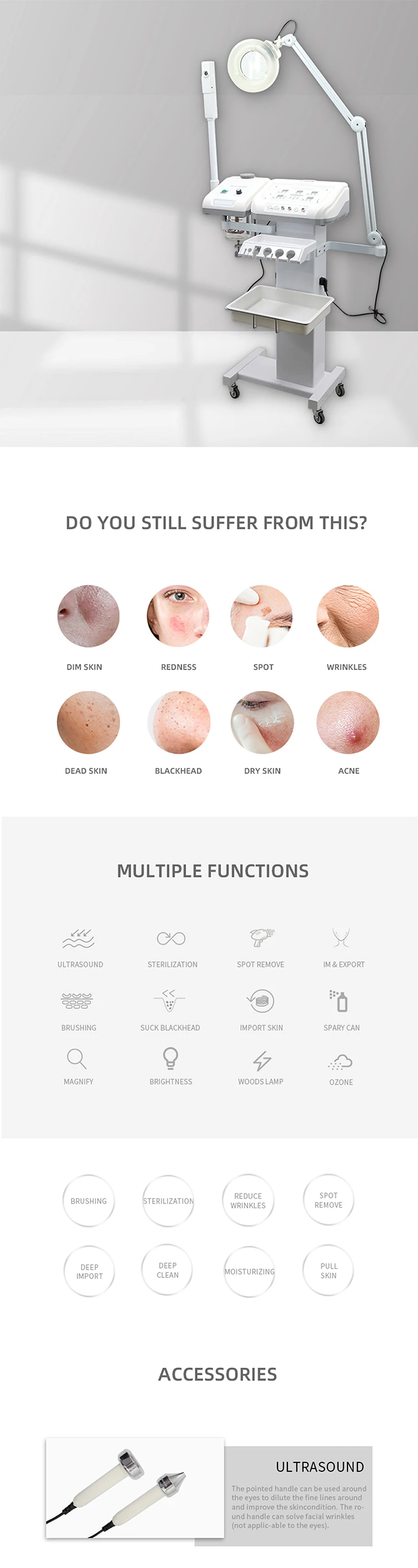 Upgrade your clinic with this 11-in-1 multifunction facial machine featuring ultrasound, galvanic, high frequency, vacuum suction, ozone therapy, and skin analysis tools. Designed for deep cleansing, anti-aging, and professional skin rejuvenation treatments. 11-in-1 Professional Multifunction Facial Machine For Estheticians