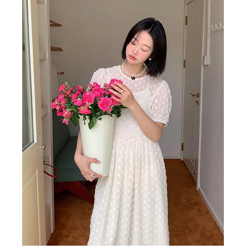 

Korean Chic Dress Chiffon Vest Suspender Dress+slightly Transparent Three-dimensional Flower Dress Women's Summer Date Clothes