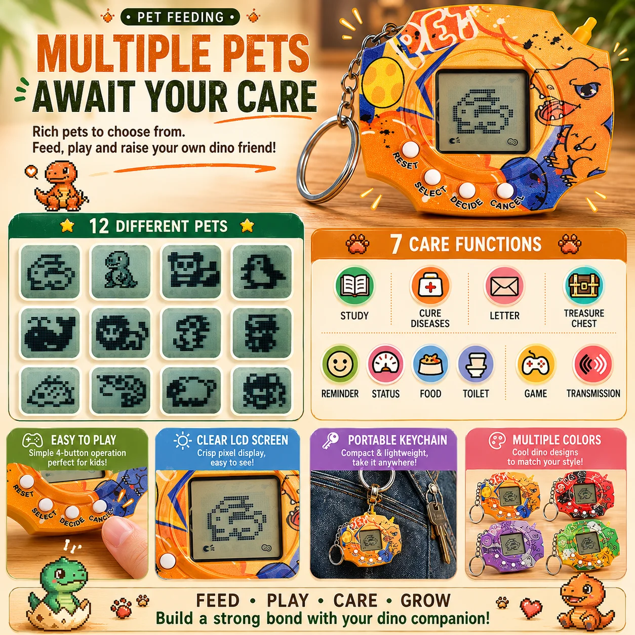 Retro Virtual Dinosaur Pet Keychain Game Console - Fun Pixel Electronic Toy Gift