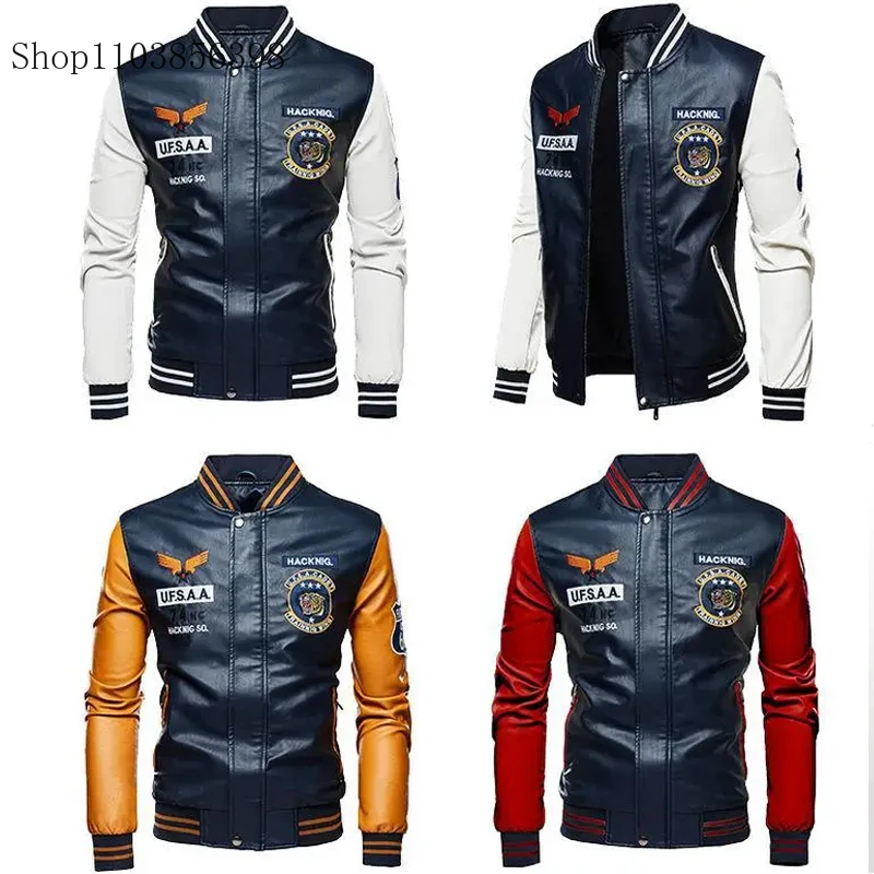 New Motorcycle Leather Jacket Men's Casual Fashionable Embroidered Baseball Jersey Slim Fit Zipper High Quality PU Jacket Male
