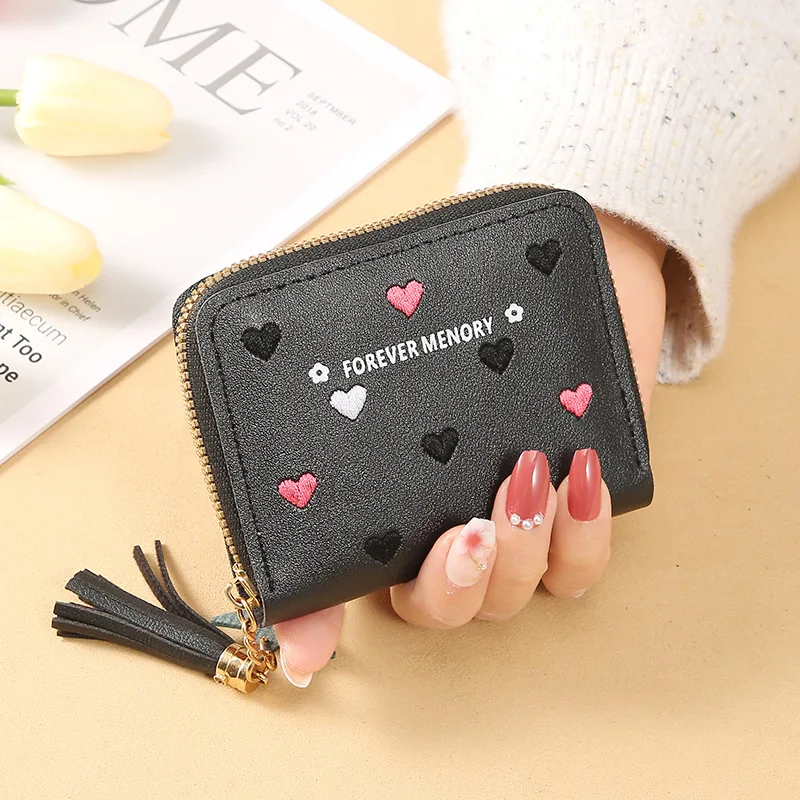 Borsa per carte in pelle PU Mini portafoglio da donna Fermasoldi Love Ricamo Portafoglio multifunzionale Borse portaoggetti per certificati corti da donna - immagine 2