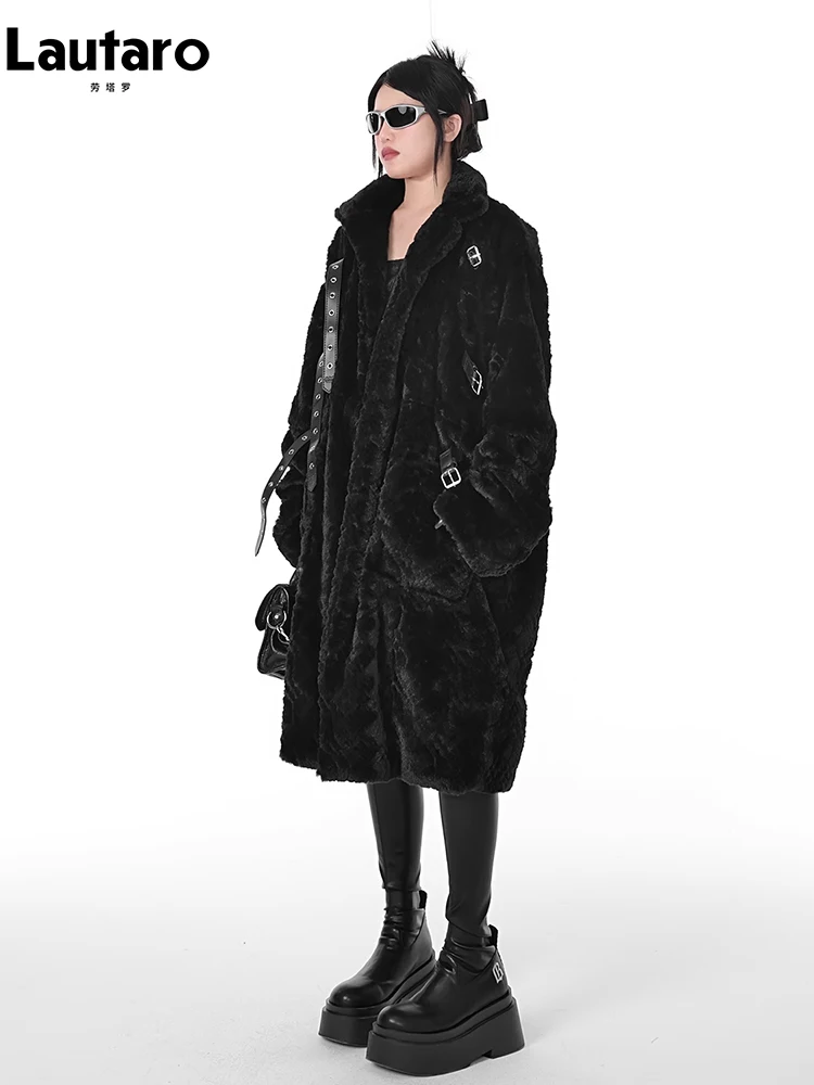 Lautaro Winter Cool Long Loose Casual Soft Thick Warm Black Fuzzy Faux Fur Coat Women Stand Collar Punk Style Fluffy Jacket 2023 4