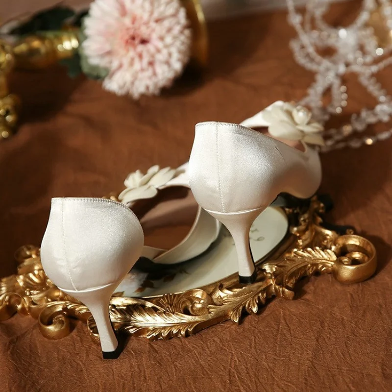 green emerald velvet dress Light Champagne Rose Bride Shoes With Pearls – TANYA BRIDAL main image 1