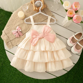Baby Girl Dress Summer Bow Solid Color Halter Multi Layered Design Hem Girl Kid's Dress Cute Casual Baby Princess Dresses 1