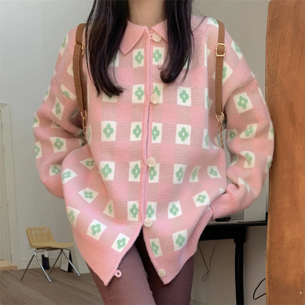 

PLAMTEE Pink Flowers Cardigans Coats Winter New OL Vintage Loose-Fitting Knitted Gentle Office Lady Streetwear Sweet Sweaters