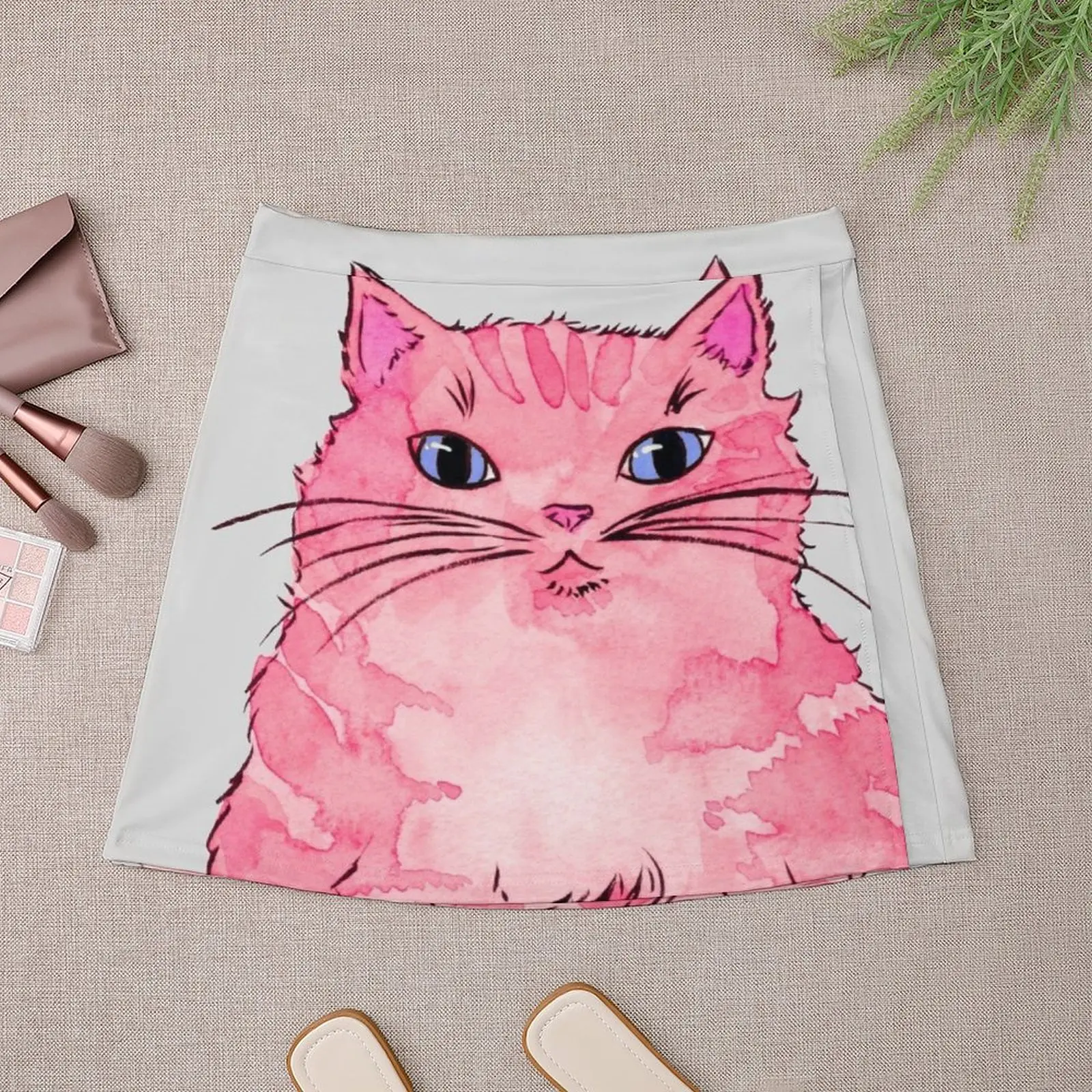 Fluffy Pink Cat in Watercolor and Ink Mini Skirt korean style clothing summer skirts korean style clothes women 2023