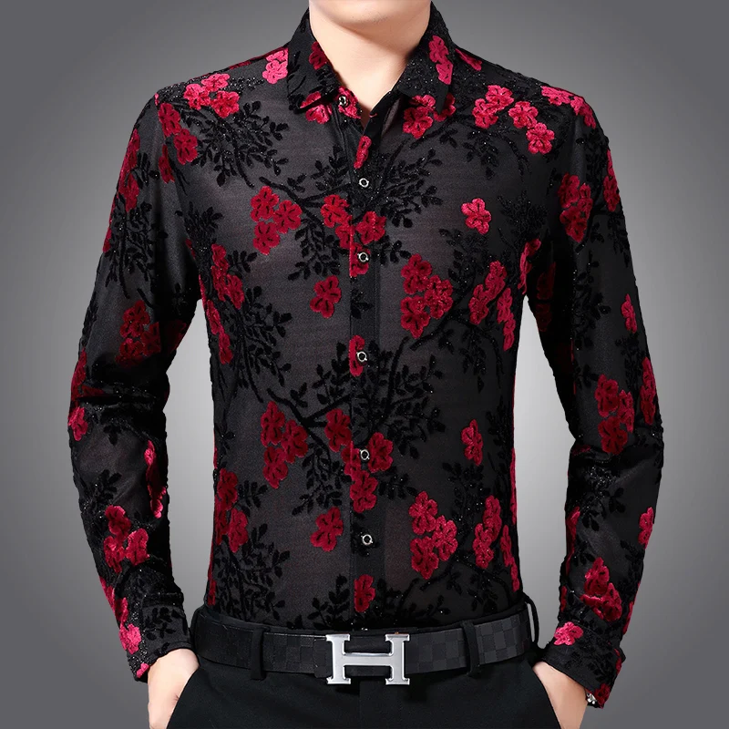 Mens Dress Shirt Brand Casual Spring Luxury Hollow Flower Long Sleeve Slim Fit Men Party Street Fashion Social