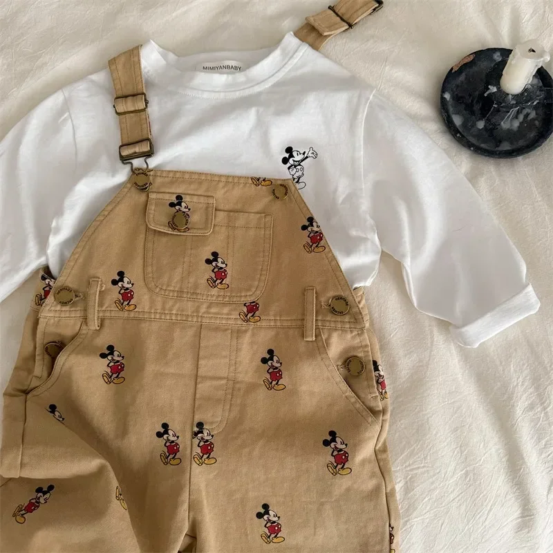 Children Mickey Jumpsuit Overalls Spring Autumn Baby Boys and Girls Loose Bib Pants Cartoon Mickey Print Straps Trousers