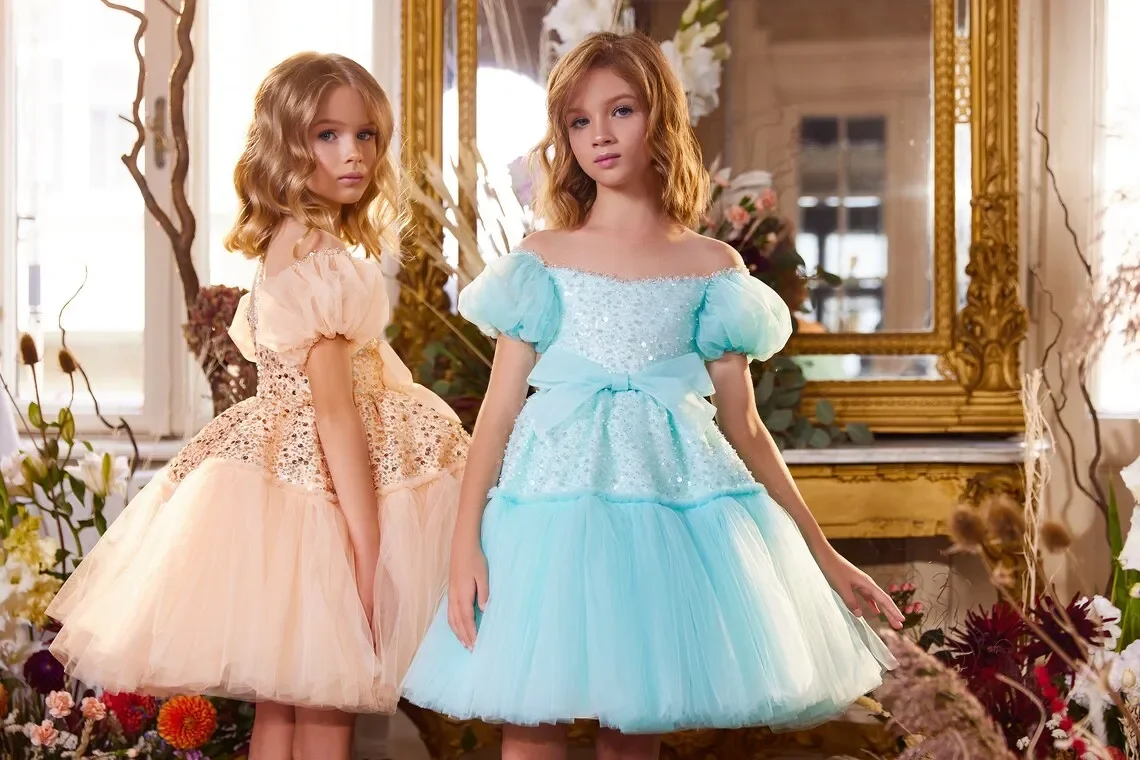 

Sparkly Puffy Sleeve Flower Girl Dresses O Neck Lace Birthday Party Wedding Baby Girl Dress Tulle Short Bow Christmas Gowns