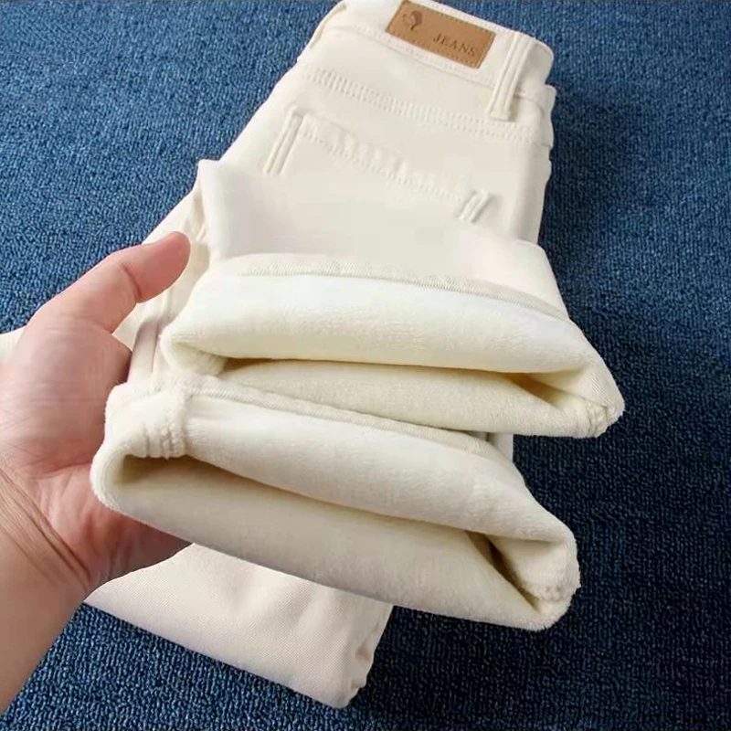 Jeans Women Classic Casual Ankle Length Warm Vaqueros Basic Fleece High Waist Denim Pants Plus Velvet Thicken Beige Straight