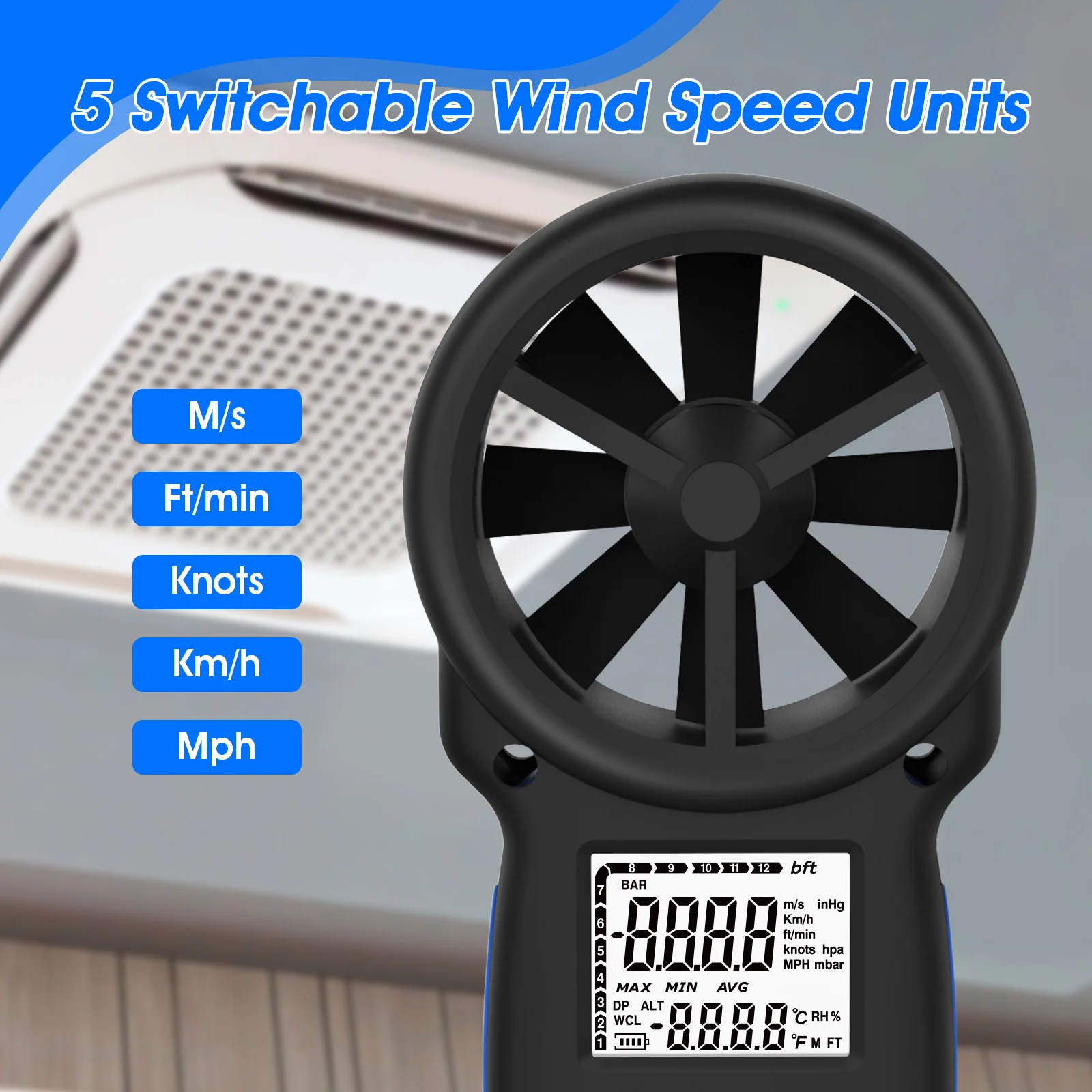 HP-866B-WiFi 스마트 풍속계 휴대용 0.340m/s 베인 풍속 측정기, 백라이트 포함 HVAC 환기용 최대/최소/평균 값 측정