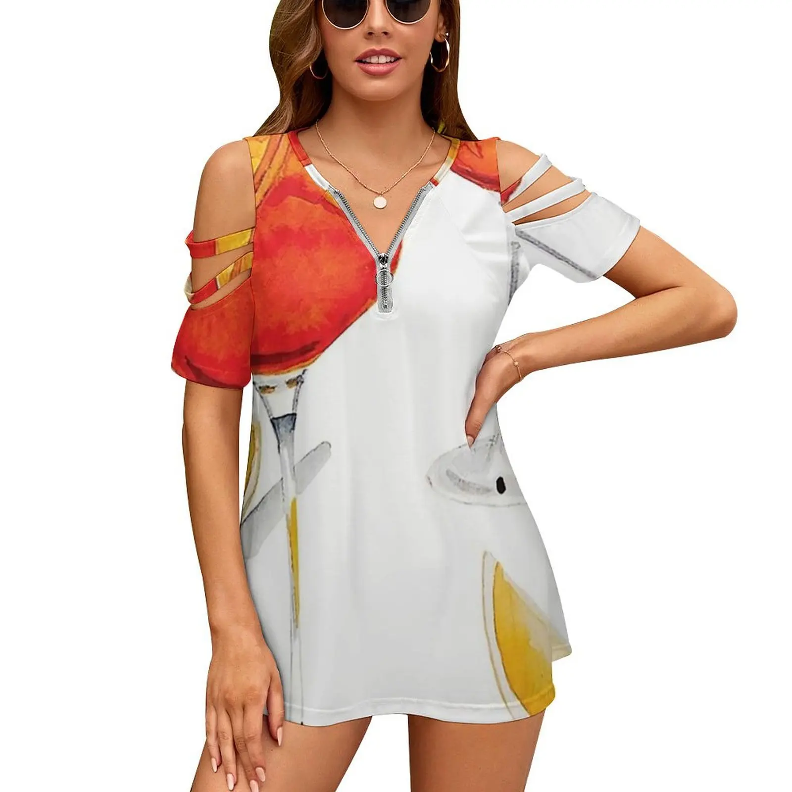 T-Shirt Da Donna Orange Spritz Maglietta A Maniche Corte Con Scollo A V Con Cerniera Stampata Di Nuova Moda Casual Plus Size Spritz Spritz Vintage