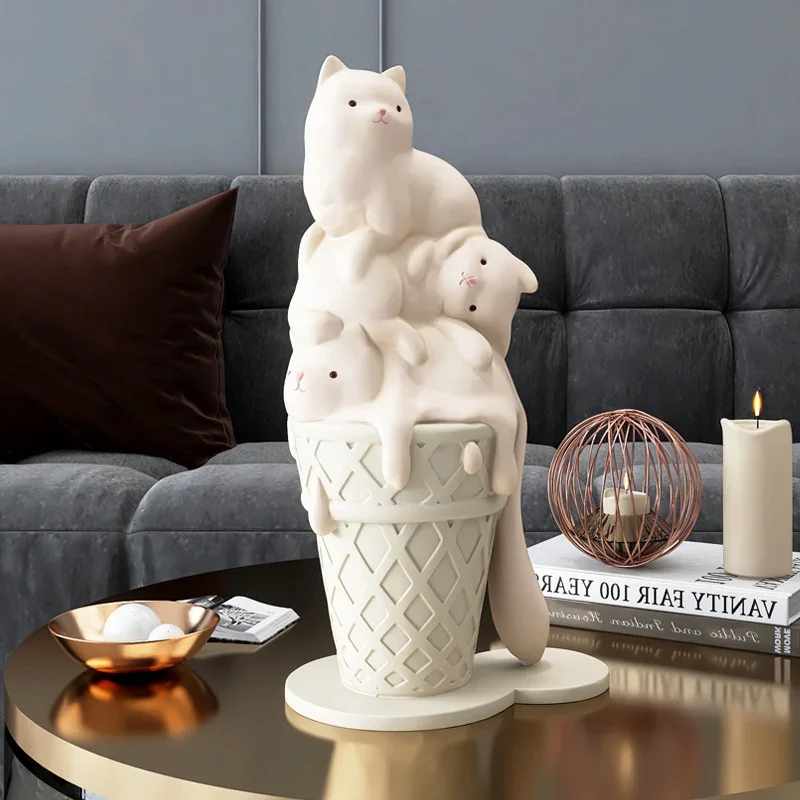 

New Resin Ice Cream Cat Sculpture Figurines for Interior Bookcase Shelf Modern Home Room Decor Creative Animal Statue Gift