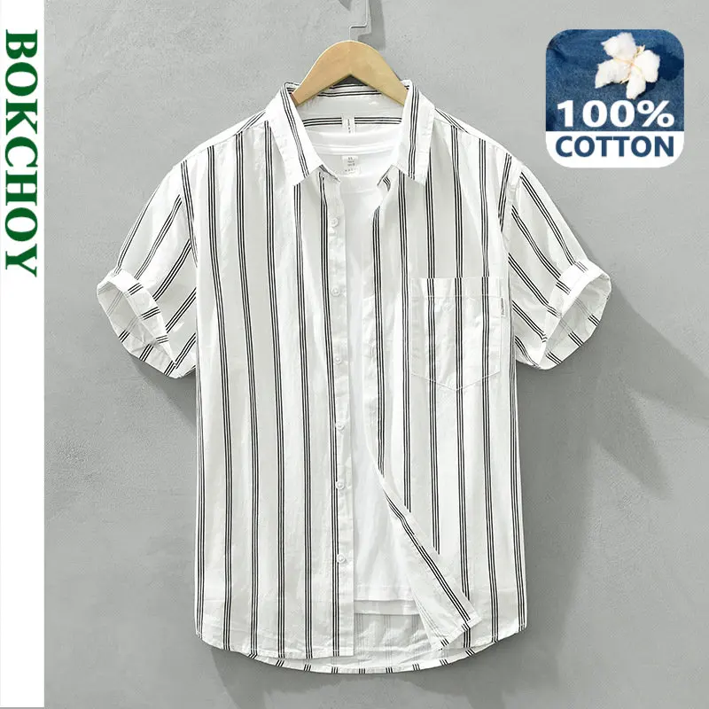 

Summer New Casual Striped Shirt for Men Clothing Fresh 100% Cotton Short Sleeve Thin Streetwear C2713