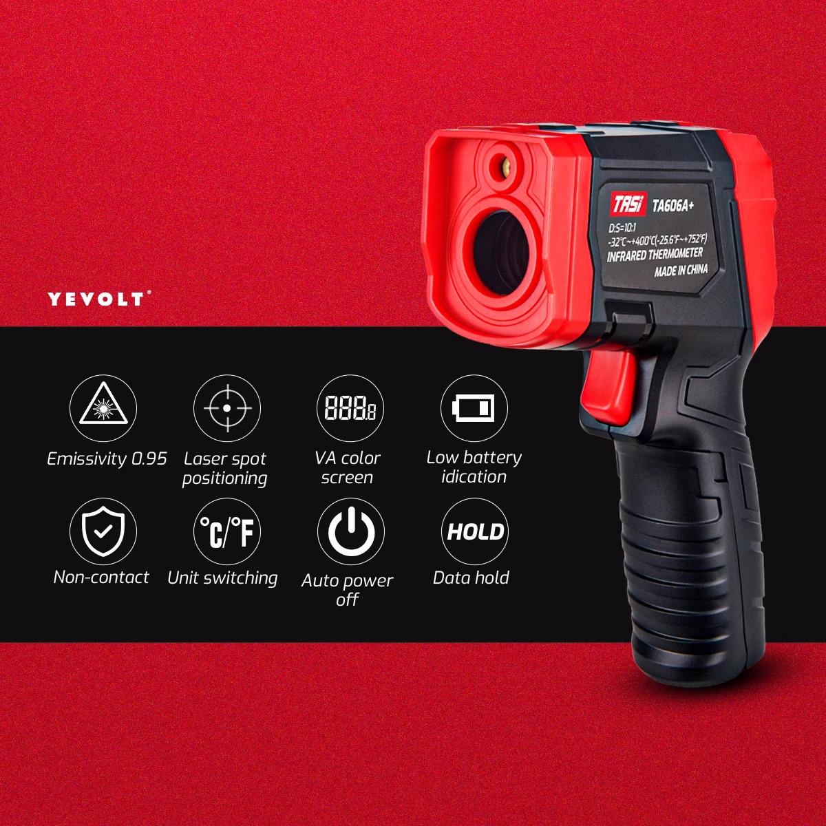 YEVOLT TA606+ Series Digital Infrared Thermometer Handheld Non Contact IR Laser Heat Temperature Gun VA Color Screen