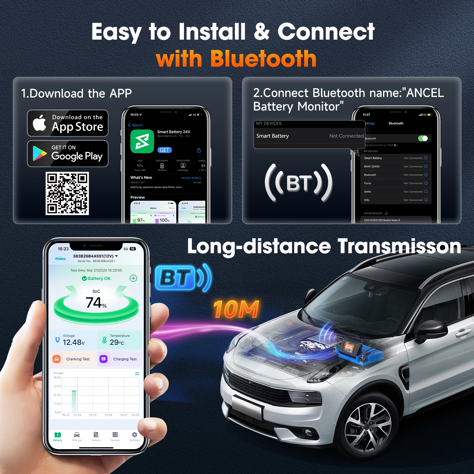 ANCEL BM300 Pro Bluetooth circuit cranking/charging battery monitor tester analyzer 6V/12V/24V for car motorcycle battery monitoring tester