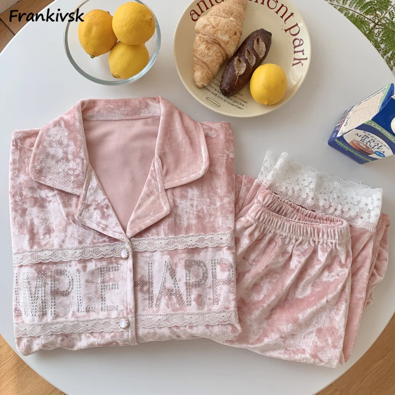 

Diamond Pajama Sets Women Turn-down Collar Elegant Temperament Exquisite Advanced Long Sleeve Spring All-match Ladies Homewear