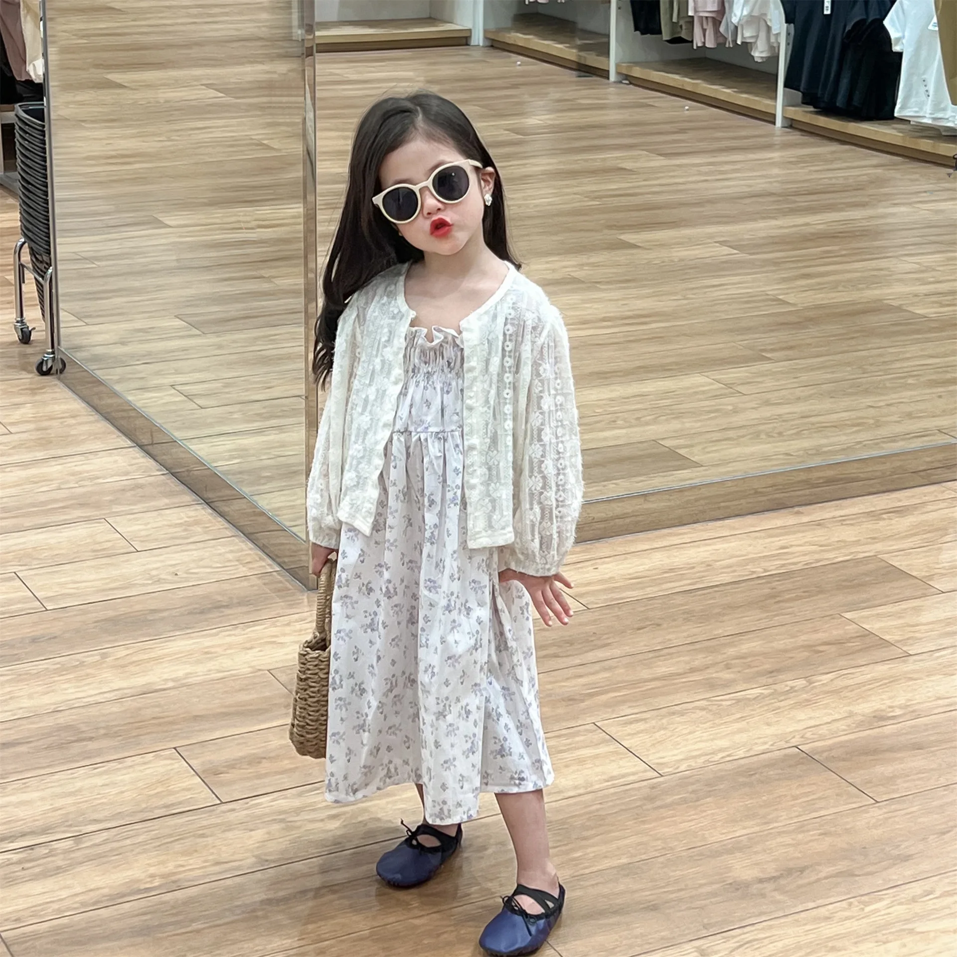 

Summer Toddler Girl 2PCS Clothes Set Cotton Fragmented Flower Stretch Waist Sling Dress Lace Hollow Sunscreen Coat Kid Girl Suit