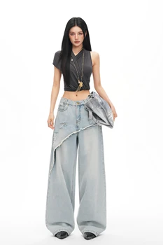 Spring/Summer Casual New Arrival: Dela Street Style Asymmetrical Loose Wide-Leg Jeans with Faux Ripped Design 1