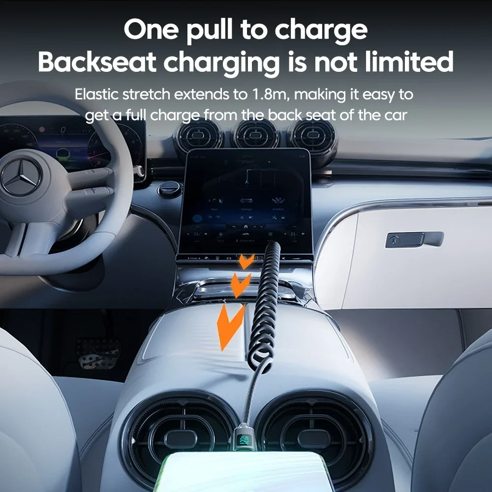 120W Car Spring Data Cable Digital Display Retractable USB C To Type C Fast Charging Cable for iPhone 15 Samsung Huawei Xiaomi