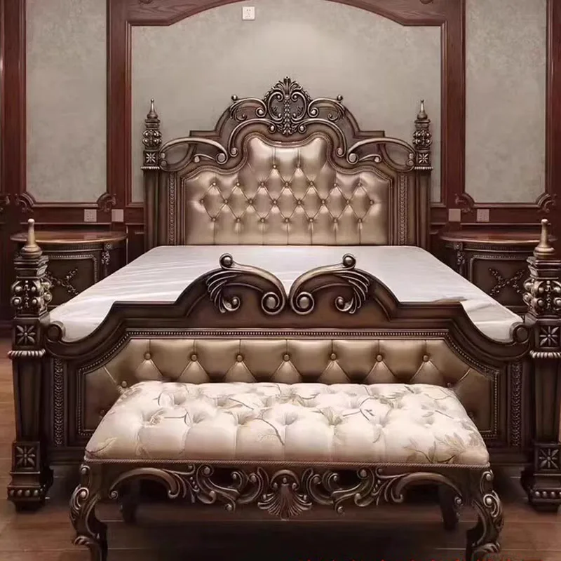 Master Modern Aesthetic Bed Bedrooms Nordic Wood Salon Luxury King Size Bed Genuine Leather Letto Matrimoniale Room Furniture