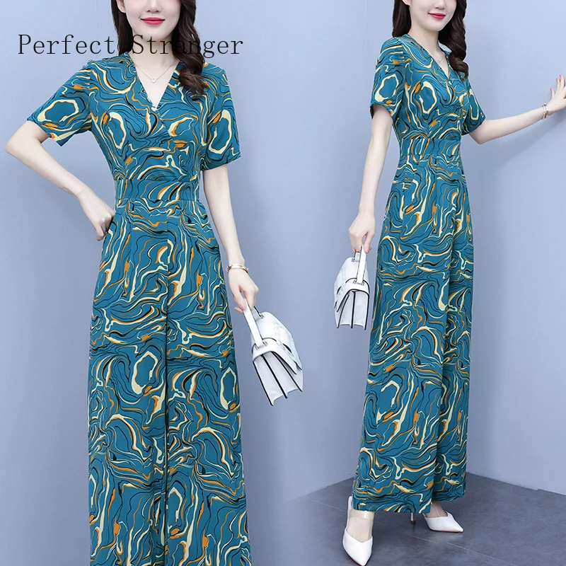 Jumpsuits Women Elegant for Party 2022  Jumpsuit Short Sleeve High Waisted  Printed V Neck Long Rompers Office Overalls