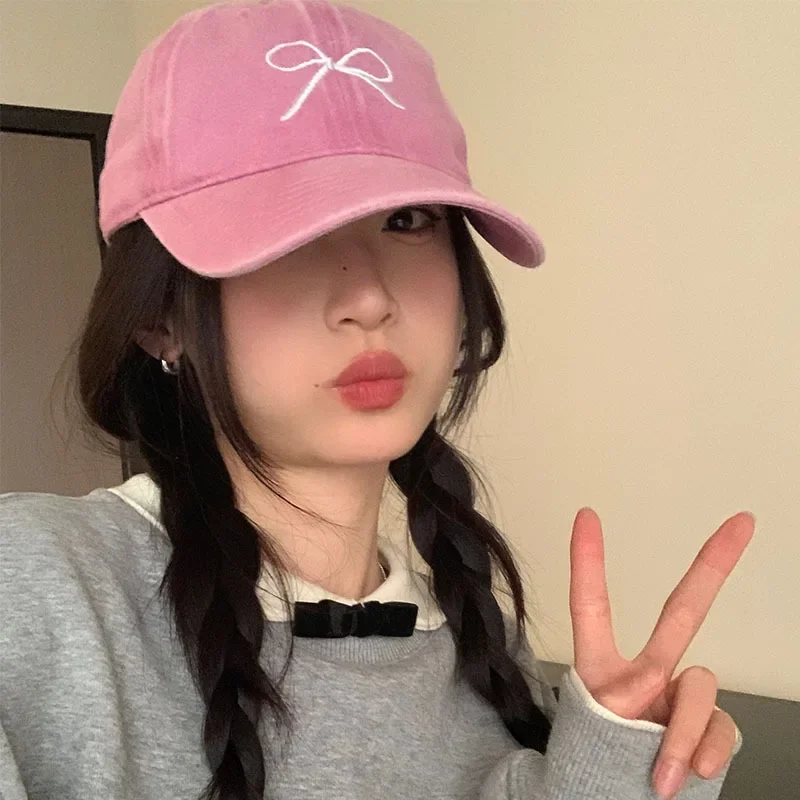 Korean Bow Baseball Caps for Women Retro Washed Cotton Adjustable Duck Tongue Caps Sweet Girl Outdoor Casual Sun Visor Hats
