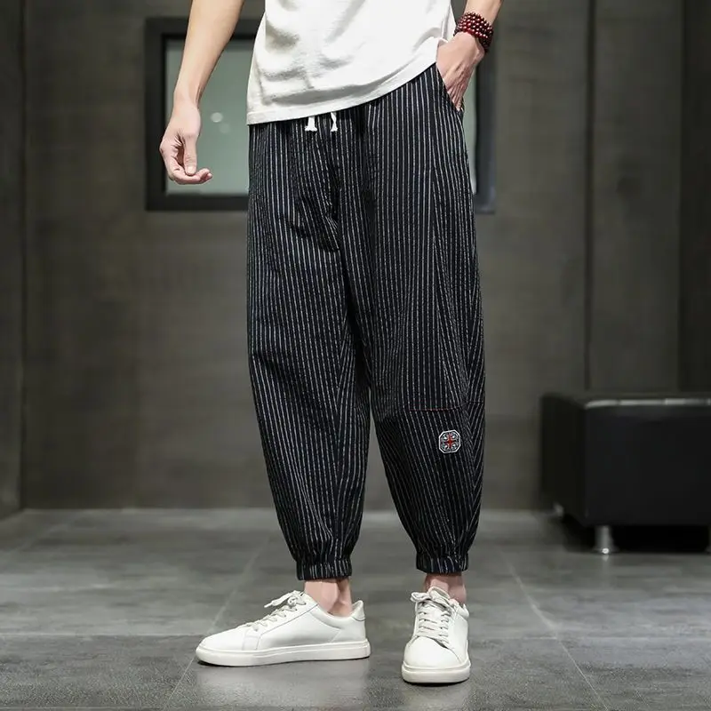 Spring Summer Fashion High Waist Men's Clothing Solid Color Tie Feet Slimming All Match Pockets Solid Cotton Line Casual Pants