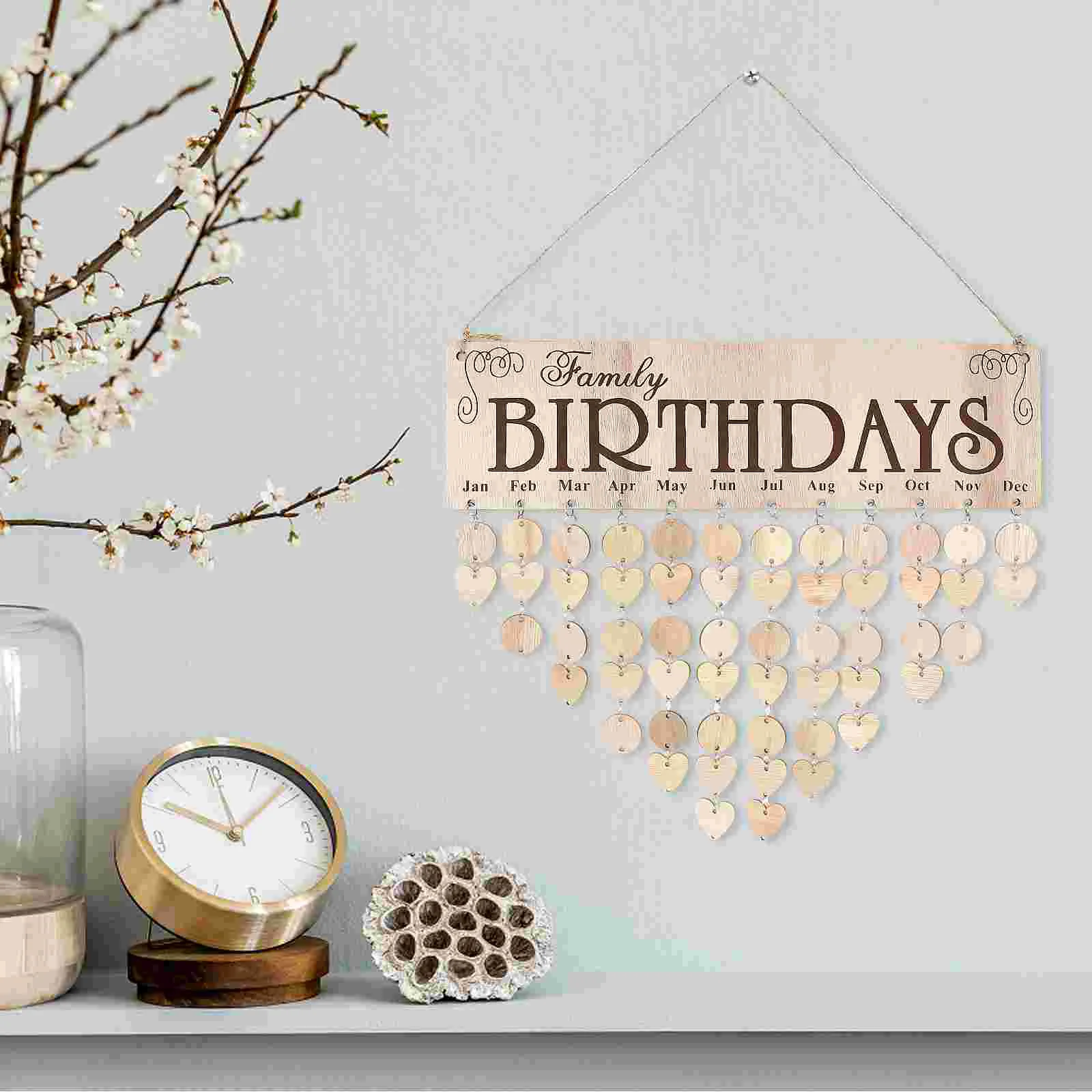 Wooden Birthday Planner Board Heart Round Discs 50 Pcs for DIY Hanging Calendar Reminder Wall Decor Festive Supplies