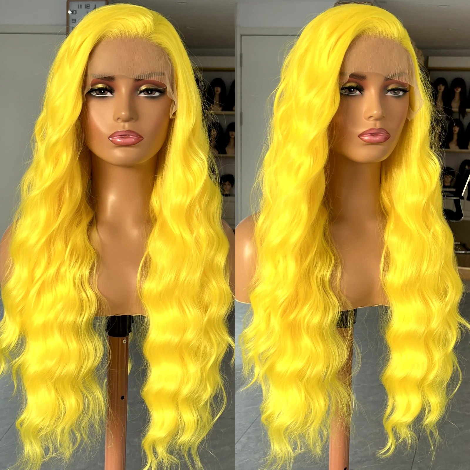 Lemon Yellow Wig Long Wavy Natural Curly Synthetic Lace Front Wig Free Party Deep Wave Colored 13X4 Frontal Wigs for Women Party