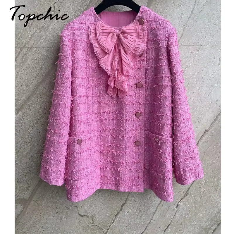 

Korean Fashion Pink Tweed Women Jacket 2023 Spring Autumn Luxury Designer Clothes Elegant Bow Wool & Blends Coats Mujer